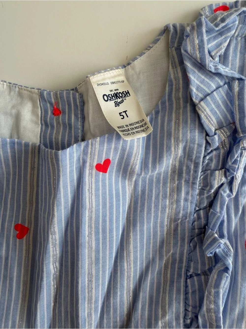 Oshkosh 5t Girls Dress White & Blue Striped with Silver Metallic accents, Hearts